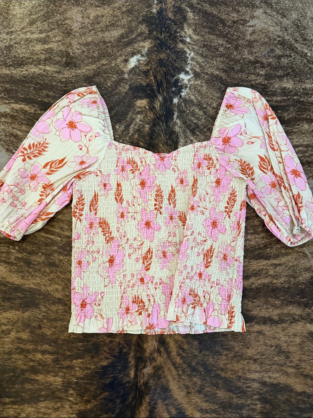 Lee Pink Floral Smocked Puff-Sleeve Top